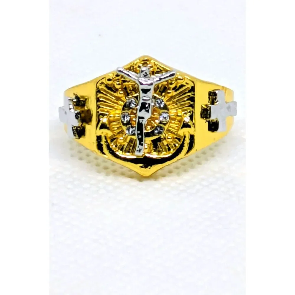 Men's NEW size 10 Jesus Cross CZ Gold & Silver 2 Tone Christian/Cross Ring
